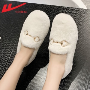回力女鞋旗舰 豆豆鞋女鞋加绒棉保暖2021新品秋冬季女士羊羔毛平底百搭懒人一脚蹬单鞋毛毛鞋子女棉拖鞋 0110白色 请选择正确尺码
