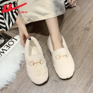 回力女鞋旗舰 豆豆鞋女鞋加绒棉保暖2021新品秋冬季女士羊羔毛平底百搭懒人一脚蹬单鞋毛毛鞋子女棉拖鞋 0110白色 请选择正确尺码