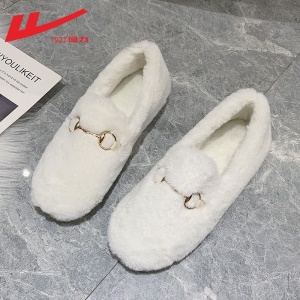 回力女鞋旗舰 豆豆鞋女鞋加绒棉保暖2021新品秋冬季女士羊羔毛平底百搭懒人一脚蹬单鞋毛毛鞋子女棉拖鞋 0110白色 请选择正确尺码